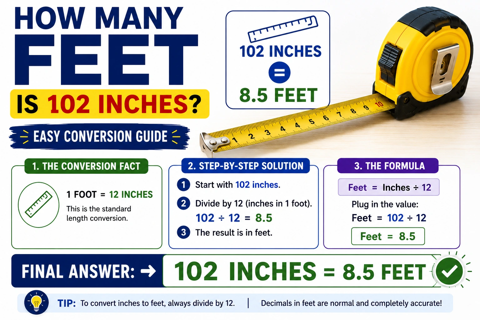 how many feet is 102 inches