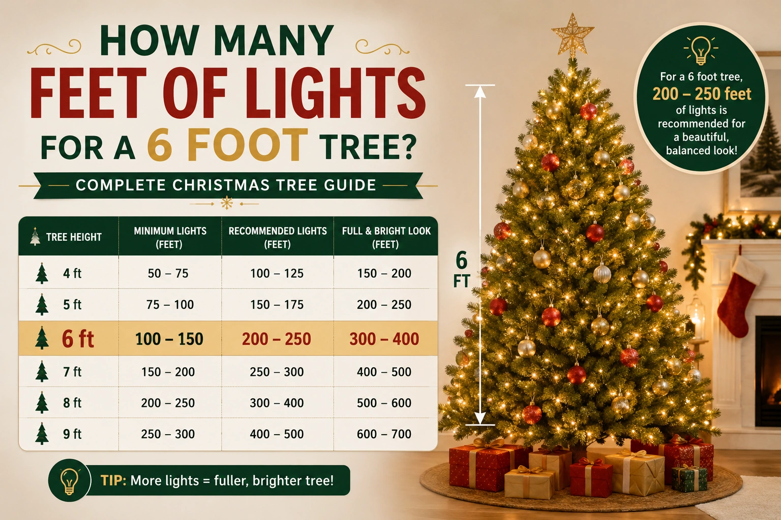 how many feet of lights for a 6 foot tree