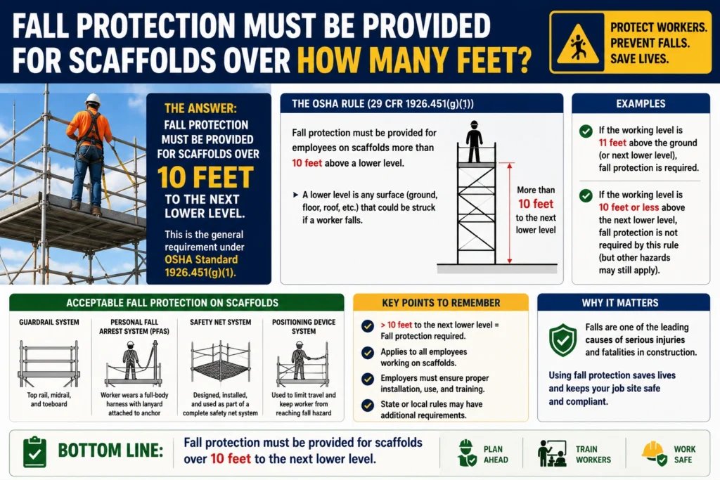 fall protection must be provided for scaffolds over how many feet?