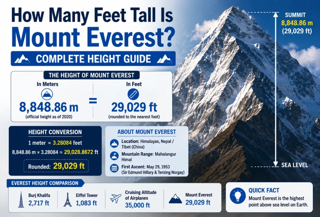 how many feet tall is Mount Everest,