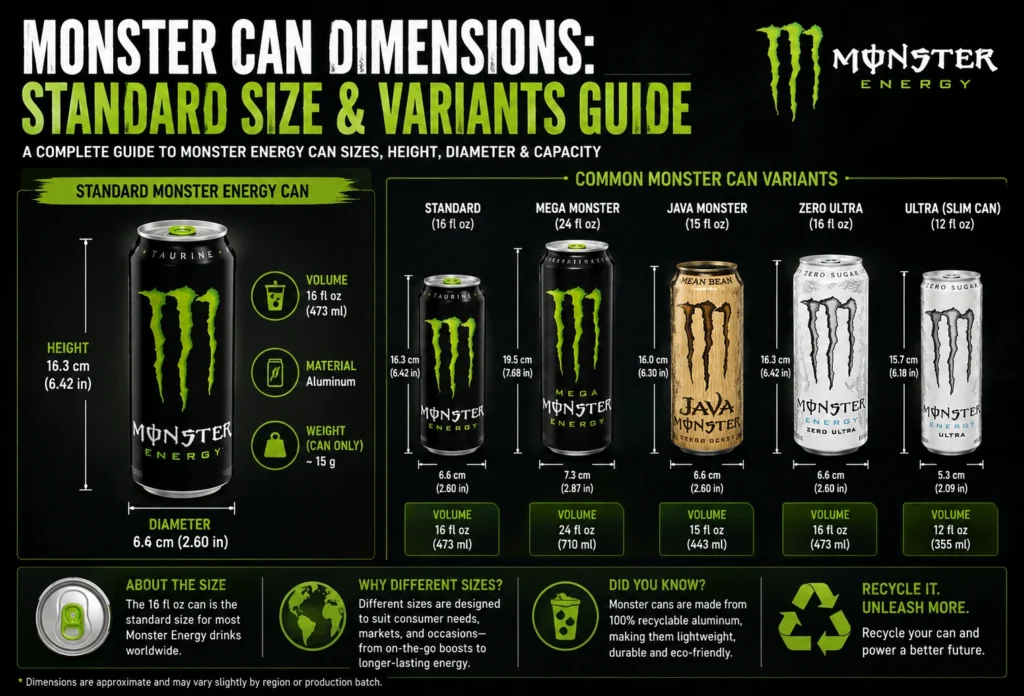 monster can dimensions standard size variants