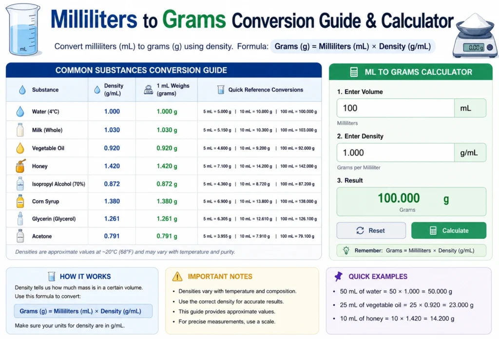 milliliters to grams
