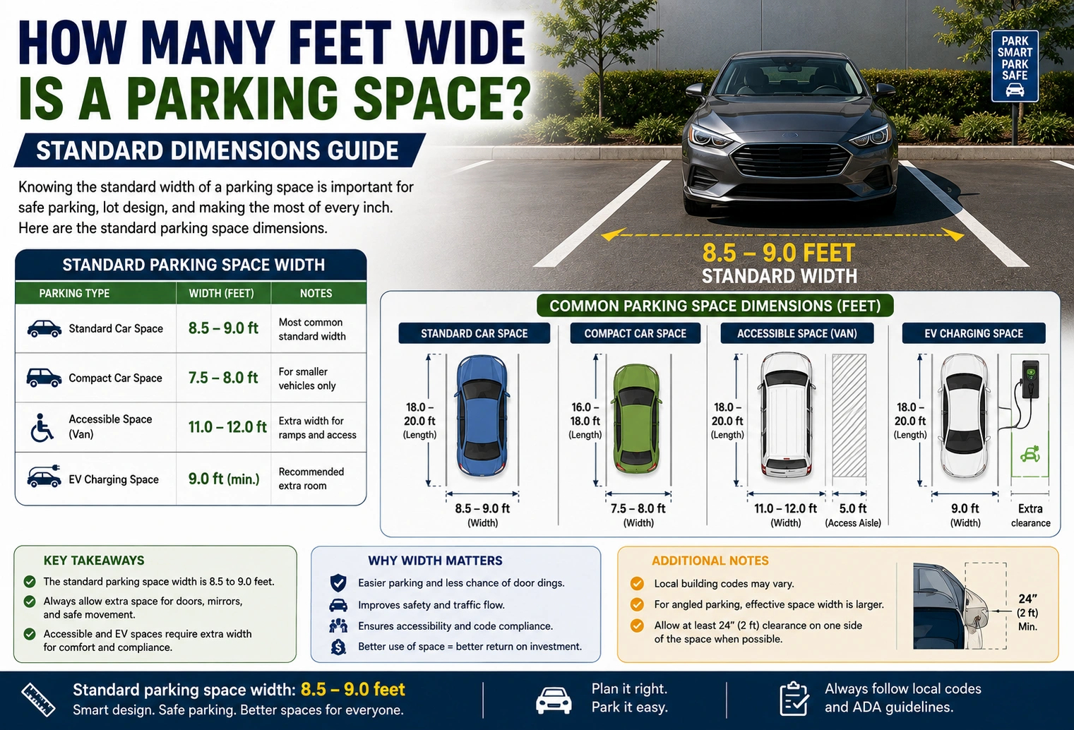 how many feet wide is a parking space