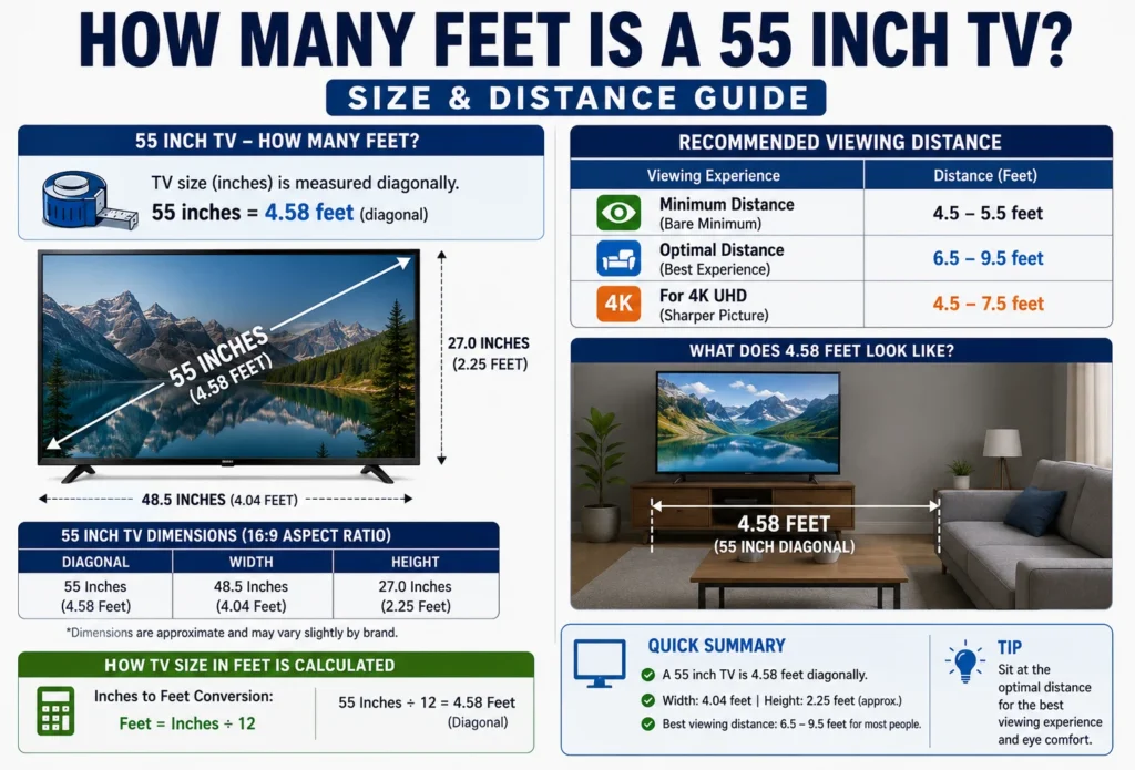 how many feet is a 55 inch tv