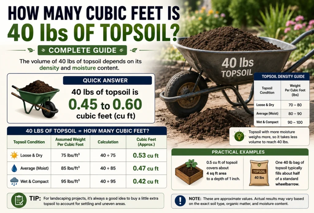 how many cubic feet is 40lbs of topsoil