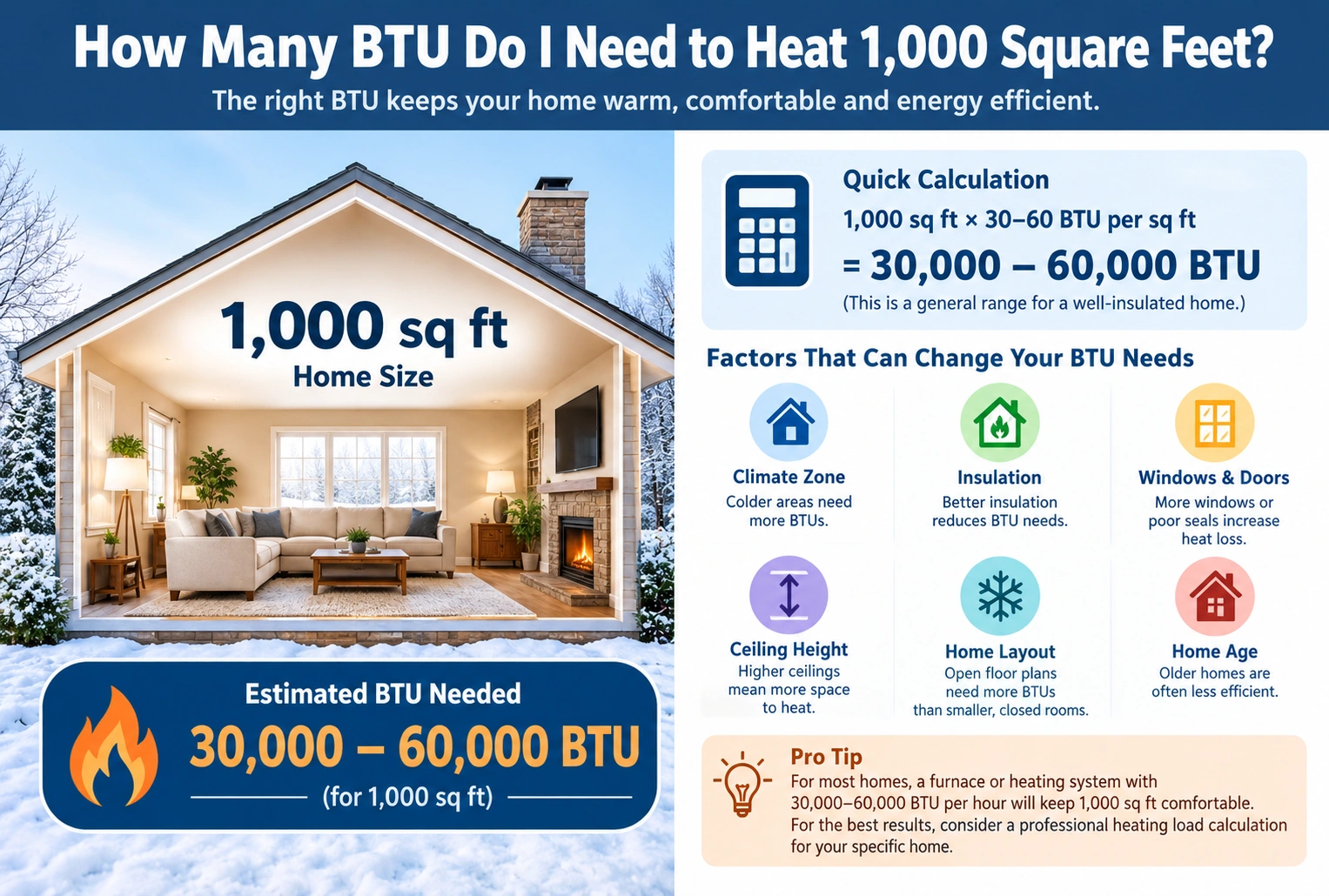 how many btu do i need to heat 1000 square feet