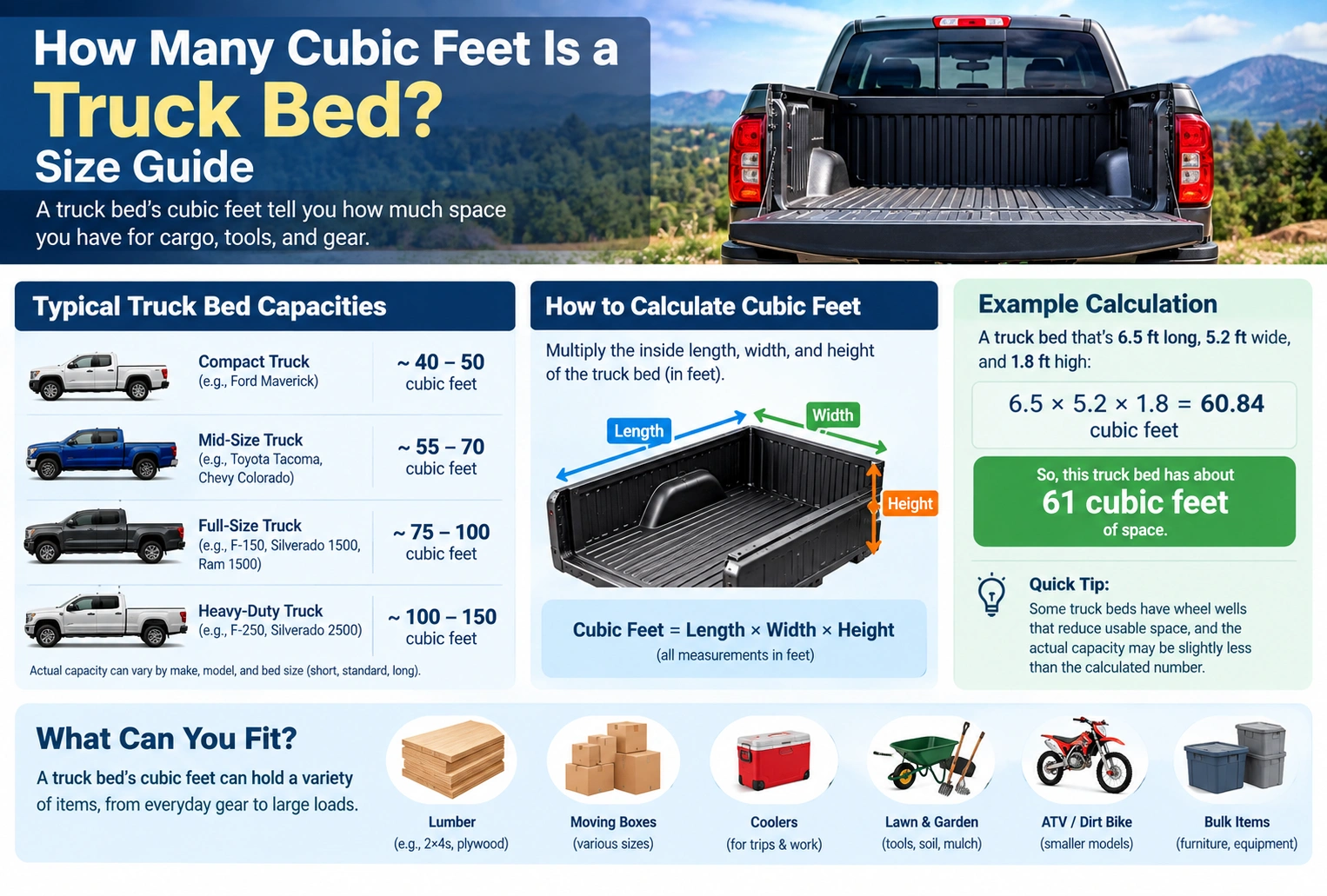how many cubic feet is a truck bed