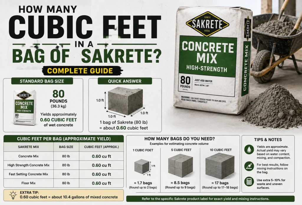 how many cubic feet are in a bag of Sakrete