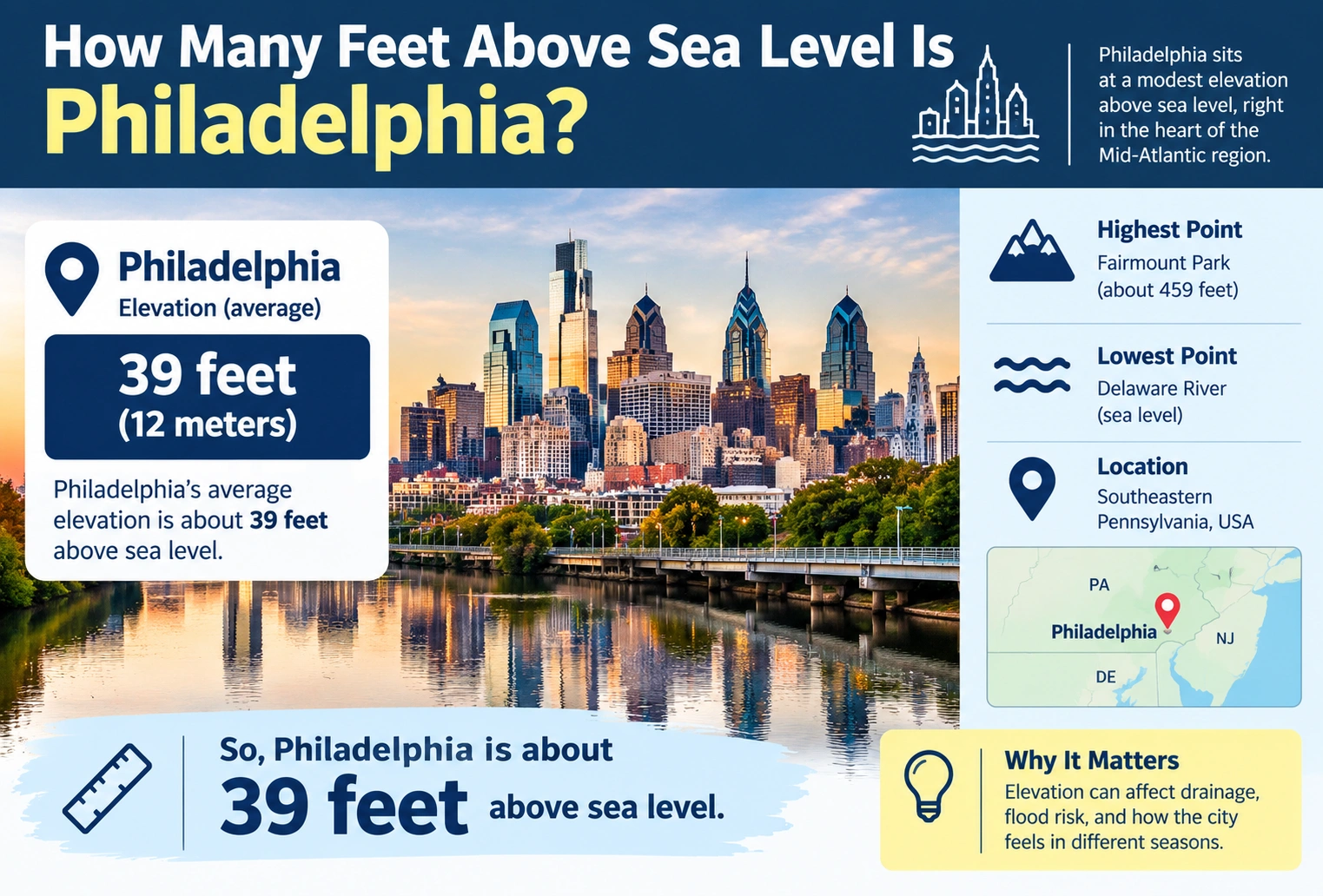 how many feet above sea level is philadelphia
