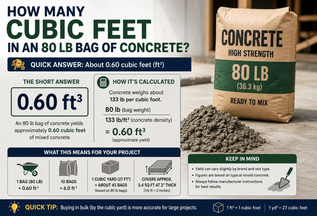 how many cubic feet per 80 lb bag of concrete