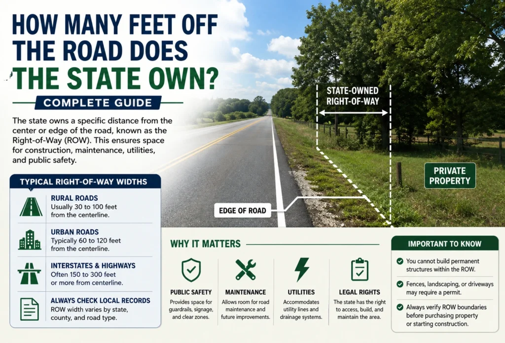 how many feet off the road the state owns