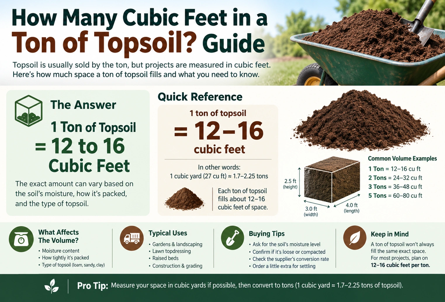 how many cubic feet in a ton of topsoil