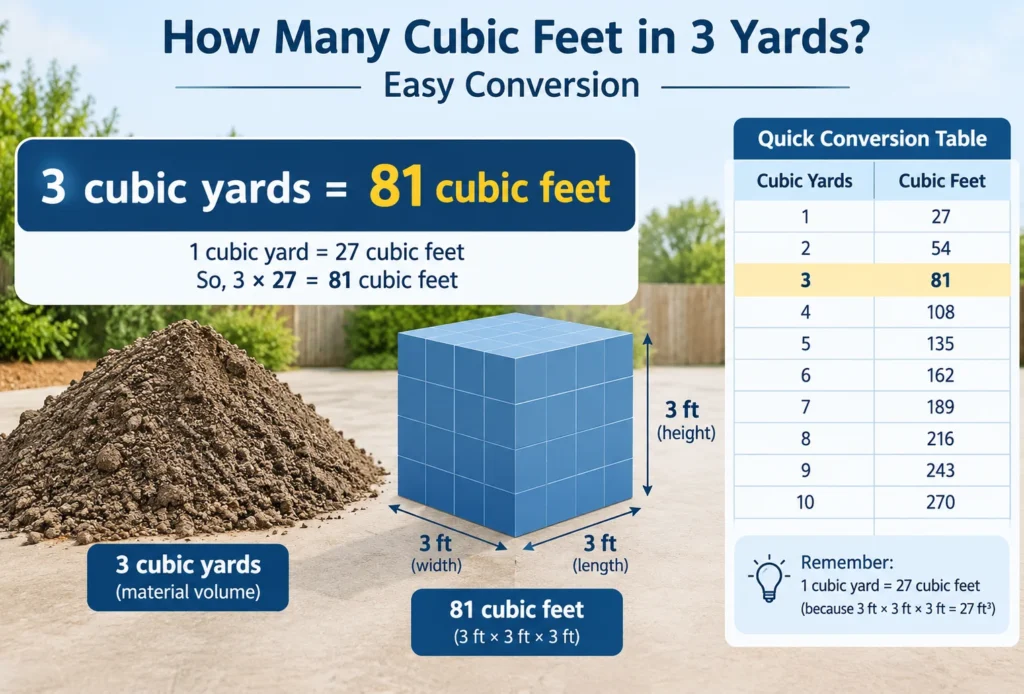 how many cubic feet in 3 yards