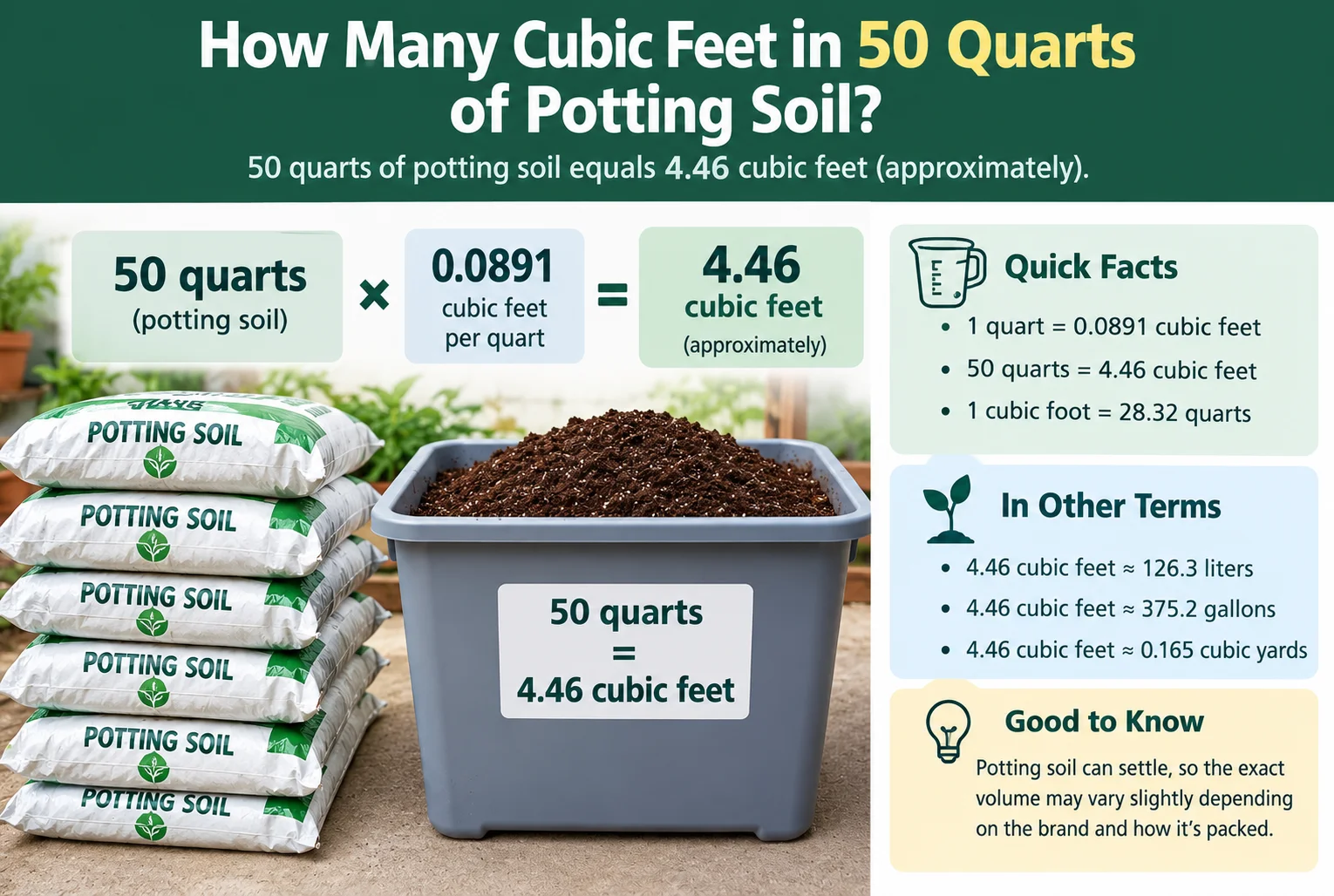 how many cubic feet in 50 quarts of potting soil